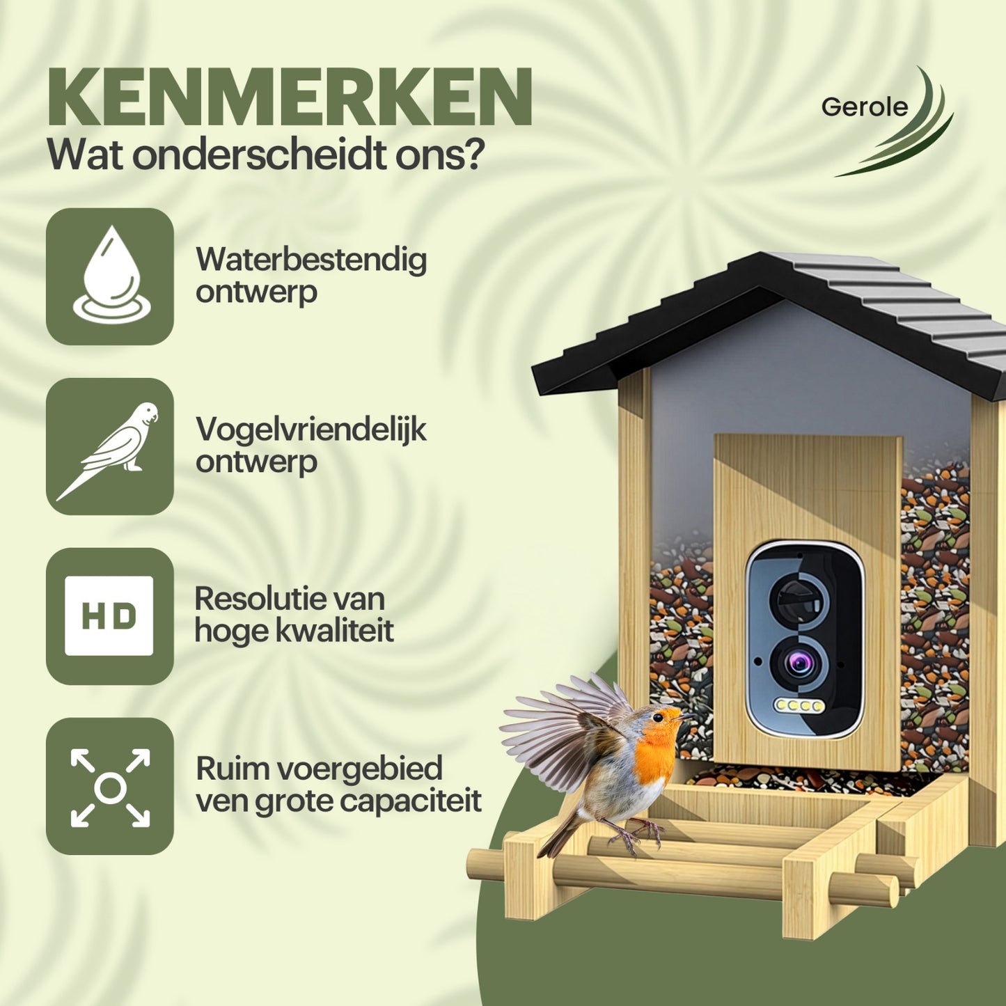 Vogelvoederhuisje met Camera – WiFi & Solar – HD Nachtzicht – App – Gerole®